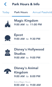 My Disney Experience app Park Information