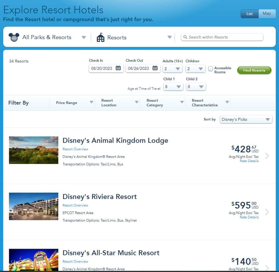 A screenshot of the My Disney Experience app when booking a Disney hotel. #disneyworld #wdw #disneyhotels #disneyresorts #travelagent #disneyworld