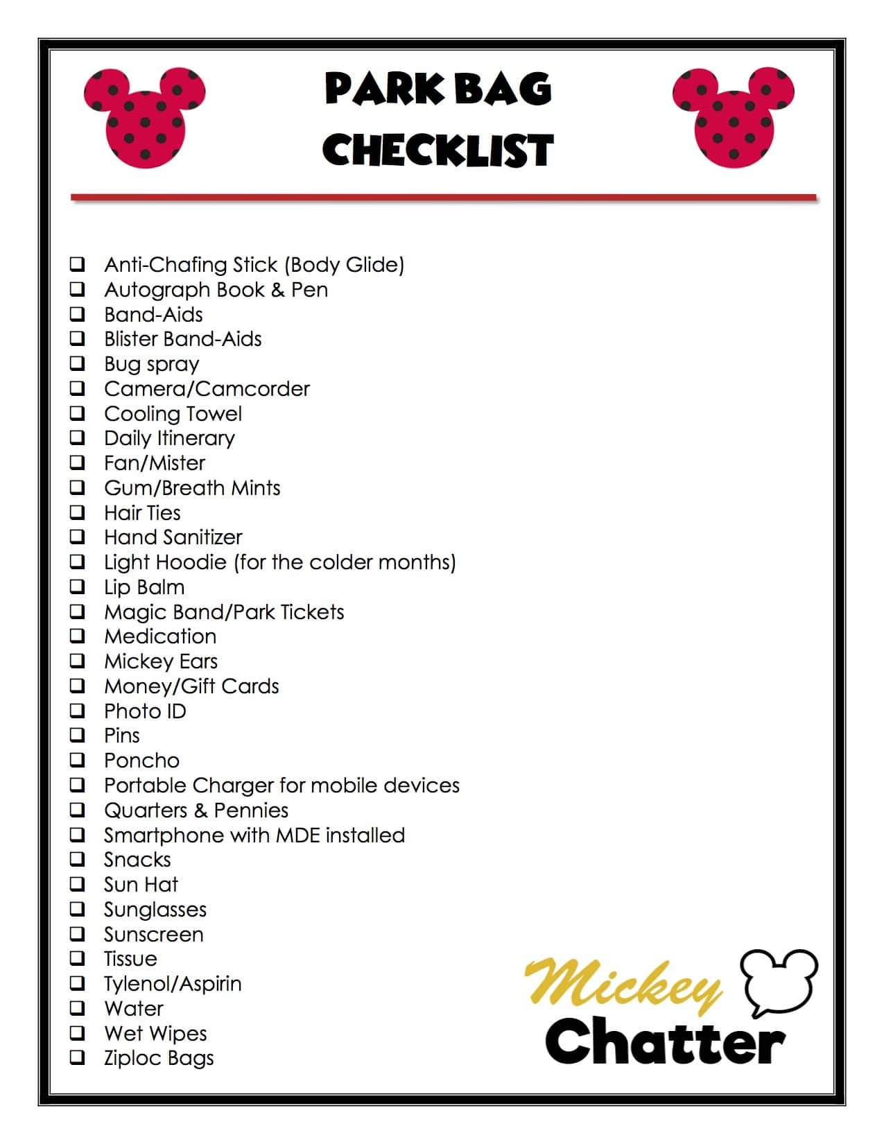 Disney Park Bag Checklist - A printable list so that you can make sure you have everything you need in your Disney park bag.