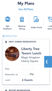 The My Plans section of the My Disney Experience app allows you to access your reservations