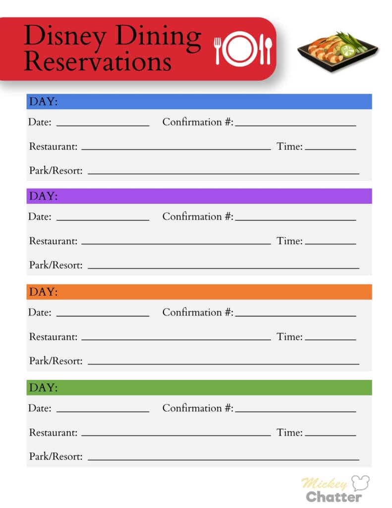 Dining Reservations Printable - A printable that you can print out as many times as you want to keep record of all your Disney dining reservations.