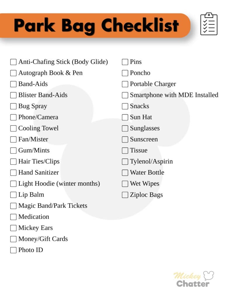 Disney Park Bag Checklist - A printable list so that you can make sure you have everything you need in your Disney park bag.